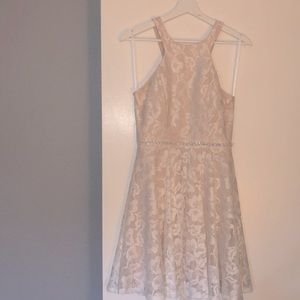 Floral White Lace and Pale Pink Engagement Dress